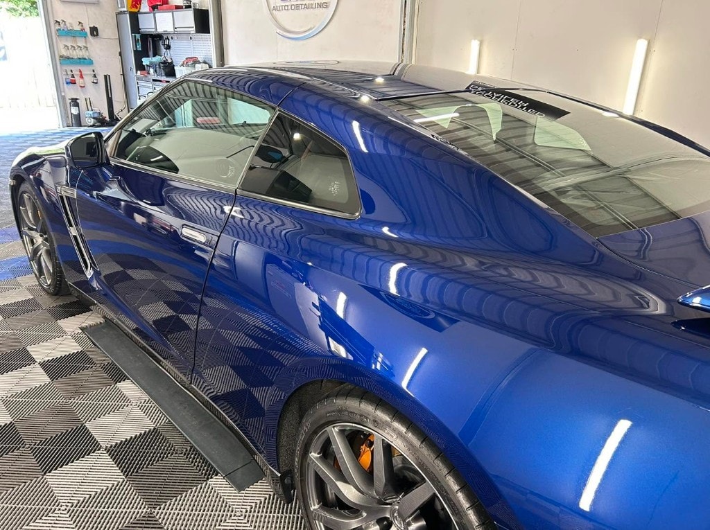Blue Nissan GT-R with a high-gloss ceramic-coated finish