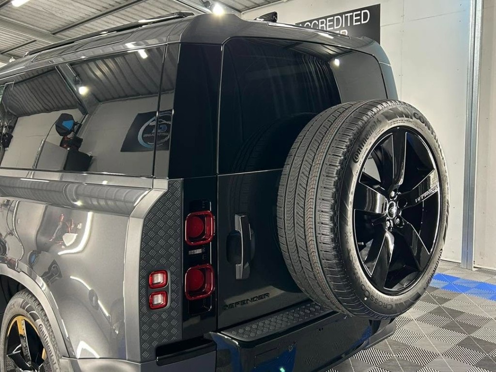 Land Rover Defender rear with spare wheel after detailing